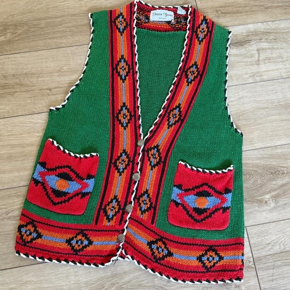 Vintage Southwestern Knit Festival Vest Concho Button Unisex Size S